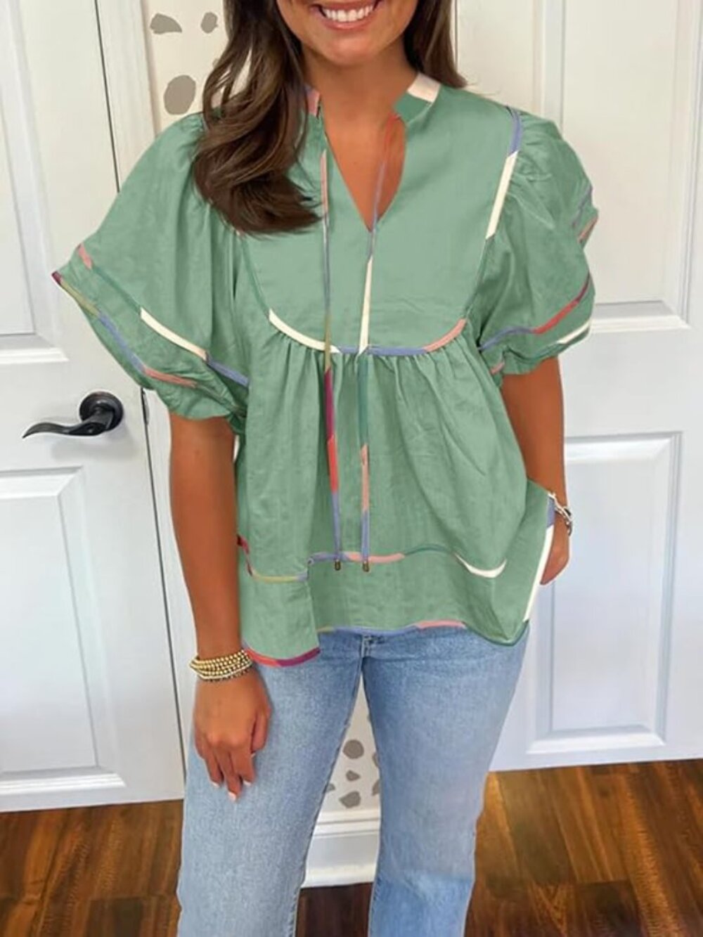 Cicy Bell Womens Summer Babydoll Top V Neck Short Lantern Sleeve Shirt XL